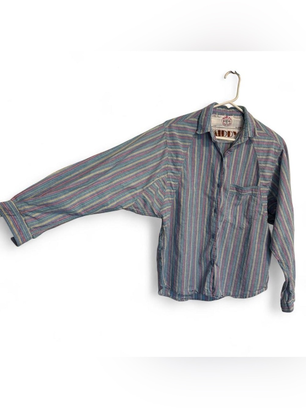 Vintage Middy British Raj blue yellow red green striped button up shirt retro - Picture 2 of 7